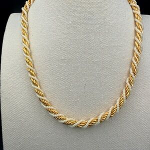 Vintage Trifari gold-tone rope necklace with faux pearls.  Twist Design